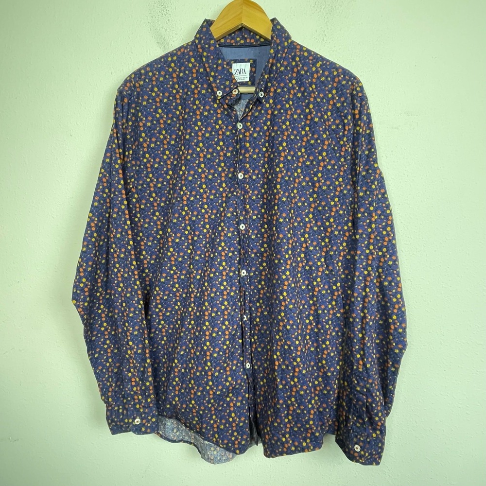 Zara Men's Slim Fit Shirt XL Floral Blue Orange Yellow Cotton Button Down Collar